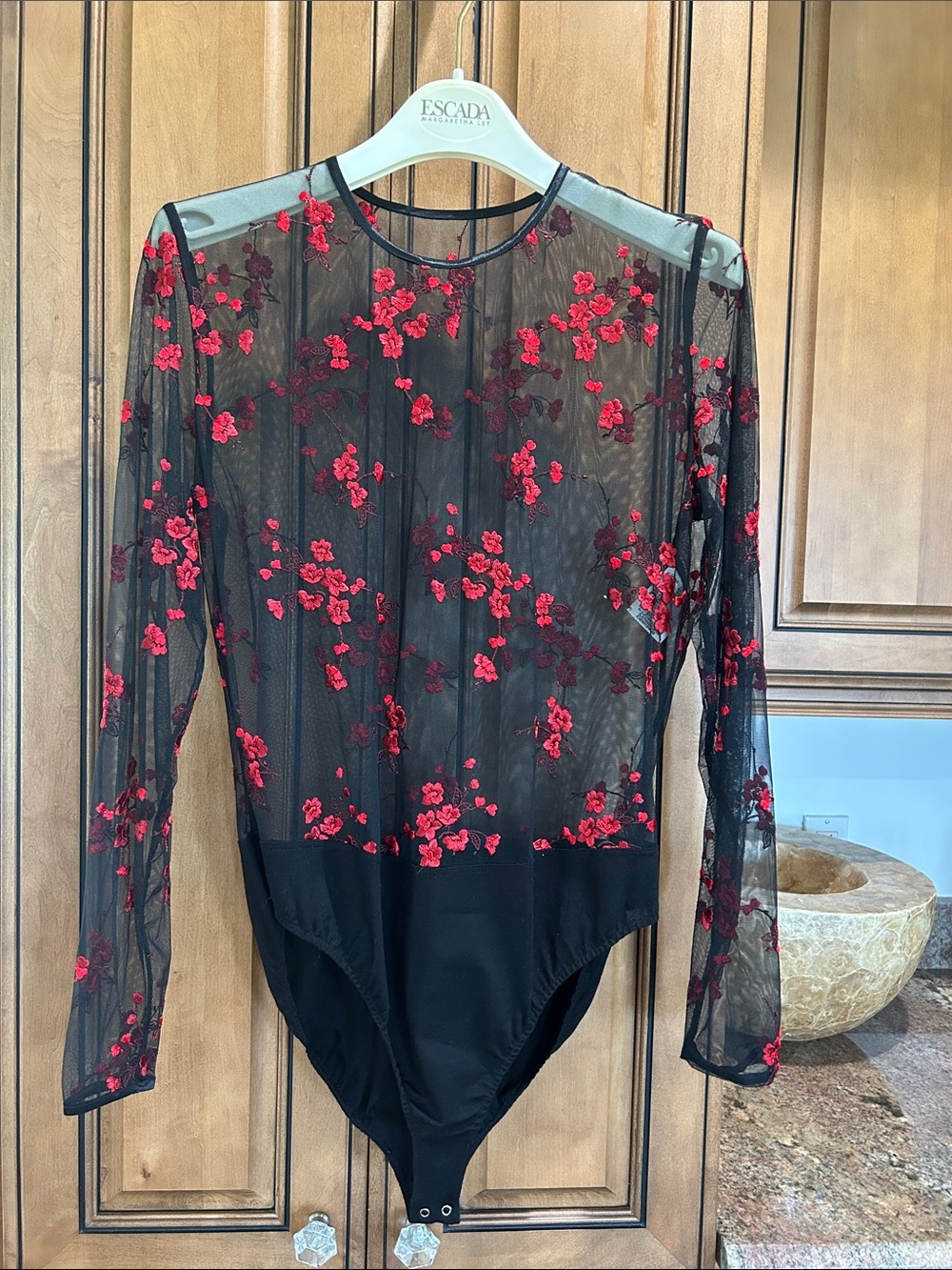 Escada Black Sheer Bodysuit with Red Floral Appliqué